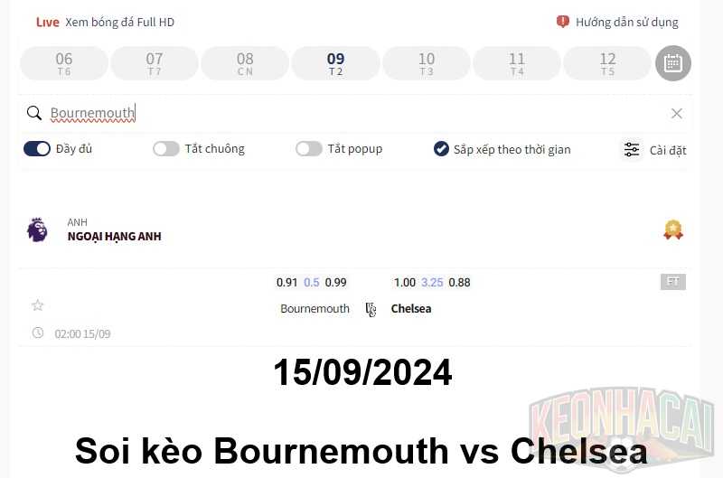 Soi kèo Bournemouth vs Chelsea 15/09/2024