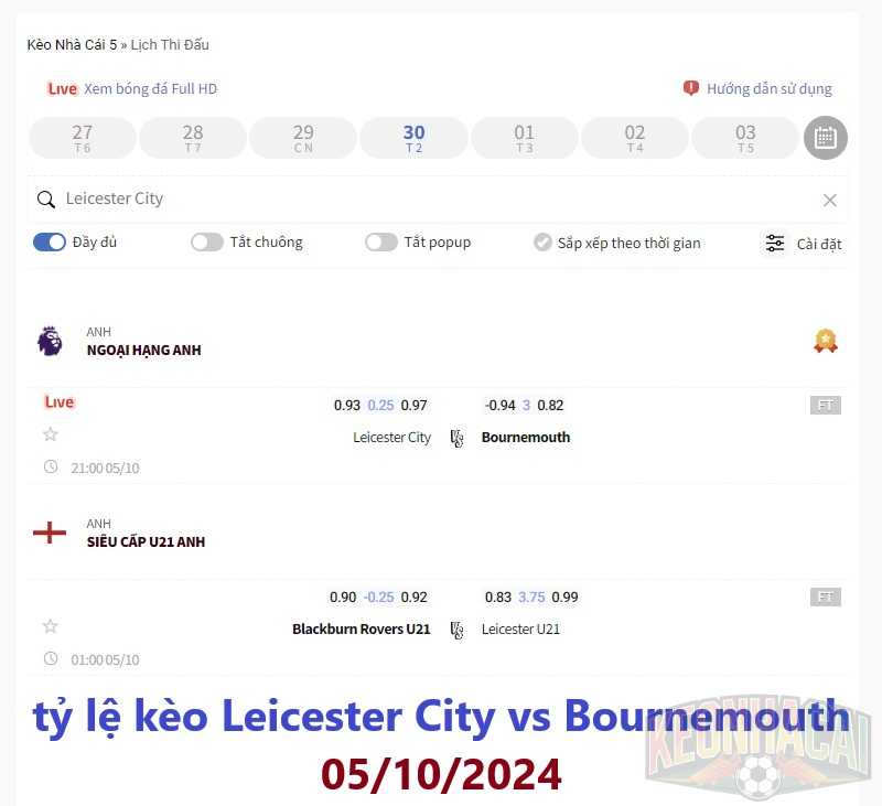 tỷ lệ kèo Leicester City vs Bournemouth 05/10/2024