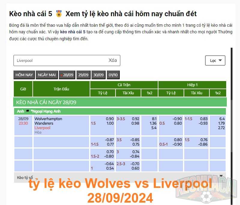 tỷ lệ kèo Wolves vs Liverpool 28/09/2024